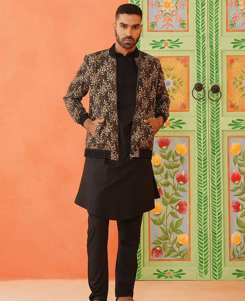 Black printed jacket kurta set
