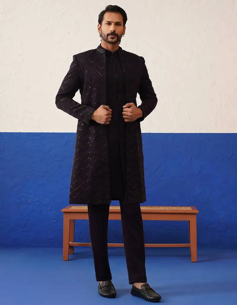 Rithvik dhanjani in wine front open indowestern set