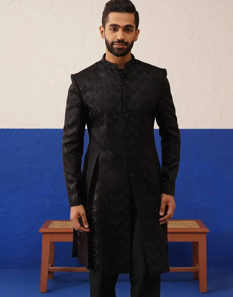 Dark brown embroidery sherwani set