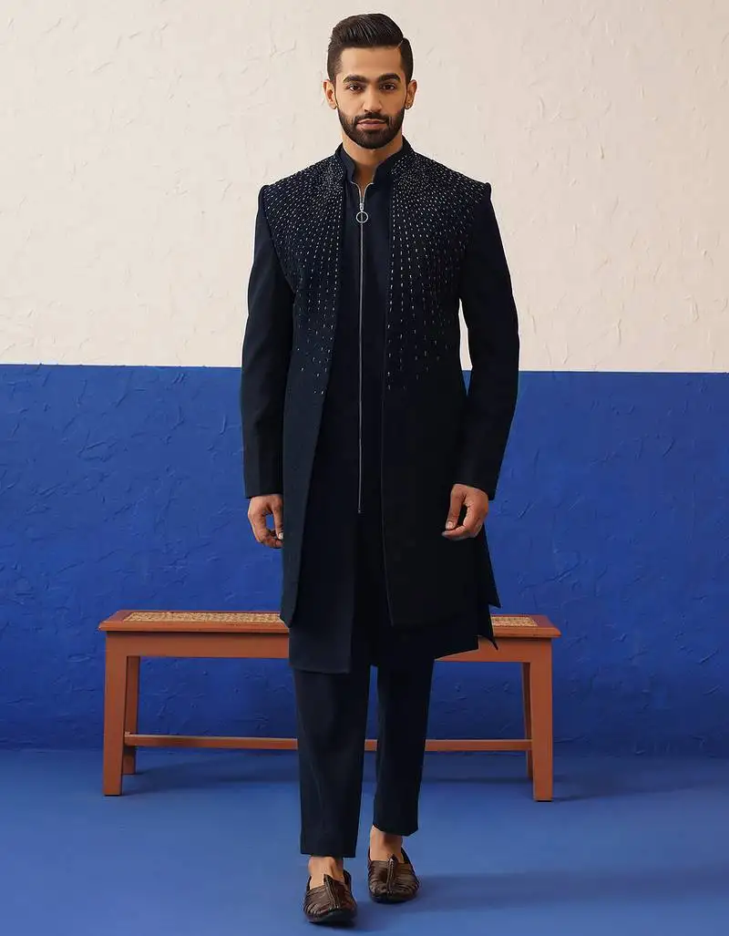 Navy blue embriodered layered indowestern