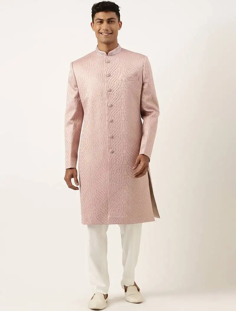 Old rose embroidered indowestern set