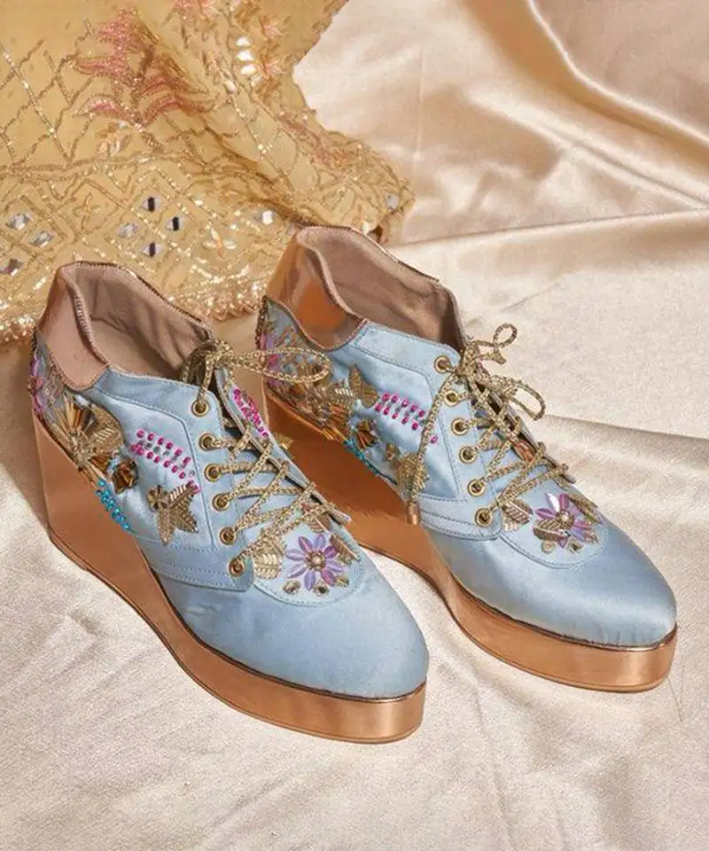 Blue woven leather wedges shoes