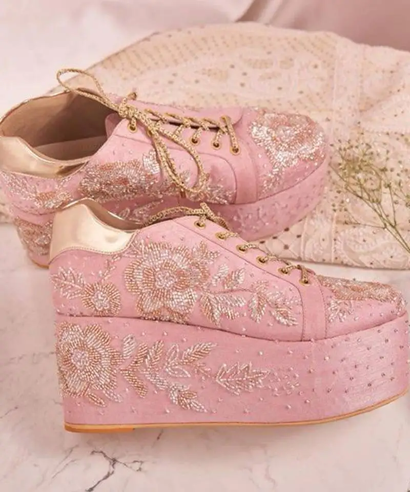 Pink woven leather wedges shoes