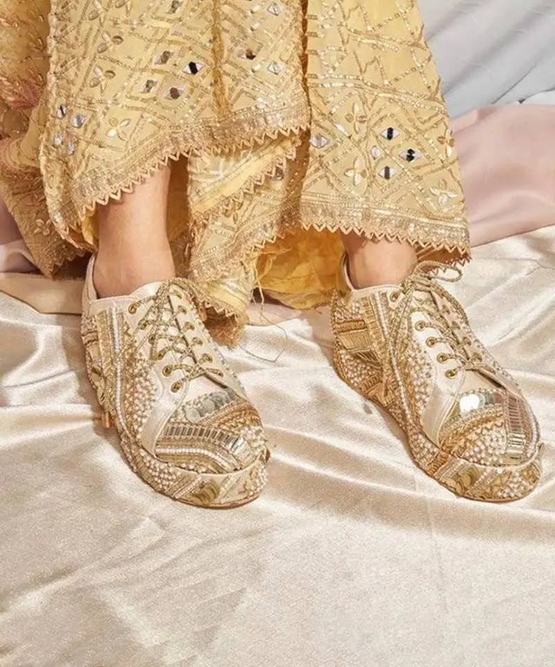 Gold woven leather wedges shoes