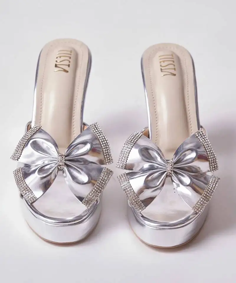 Silver woven leather heels