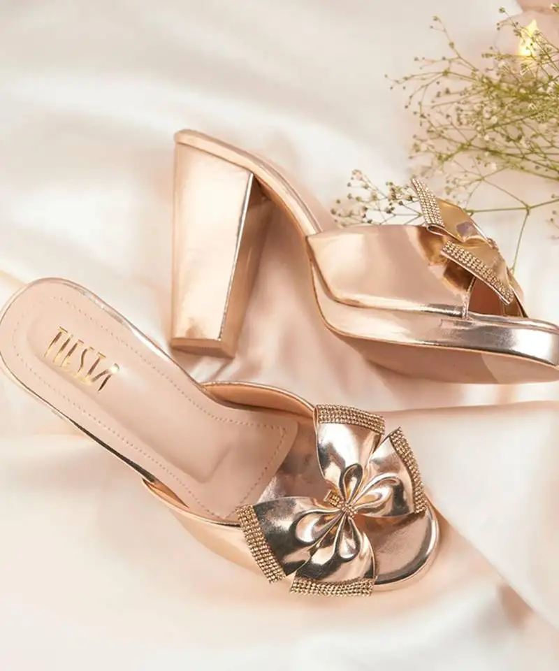 Gold woven leather heels