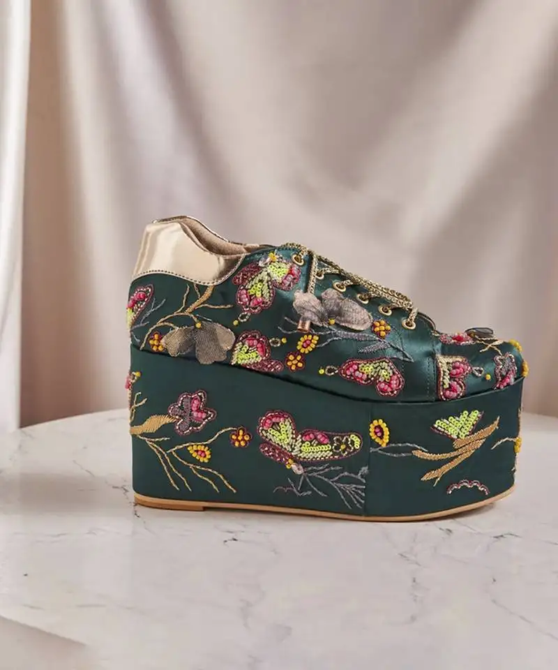 Green woven leather wedges shoes