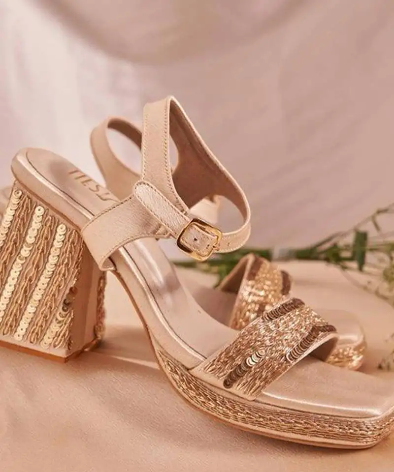 Gold woven leather block heels