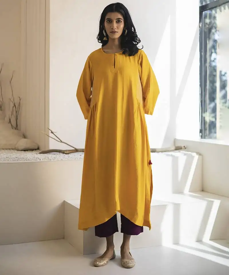 Yellow plain cotton silk kurta and pant