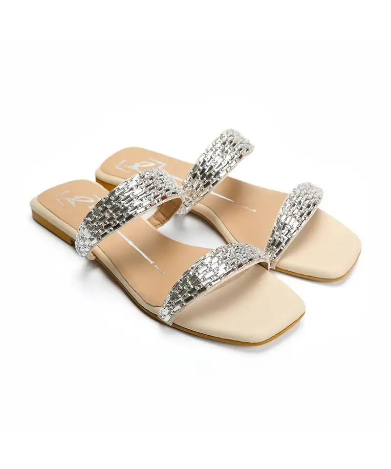 Nude with silver strap leather flats