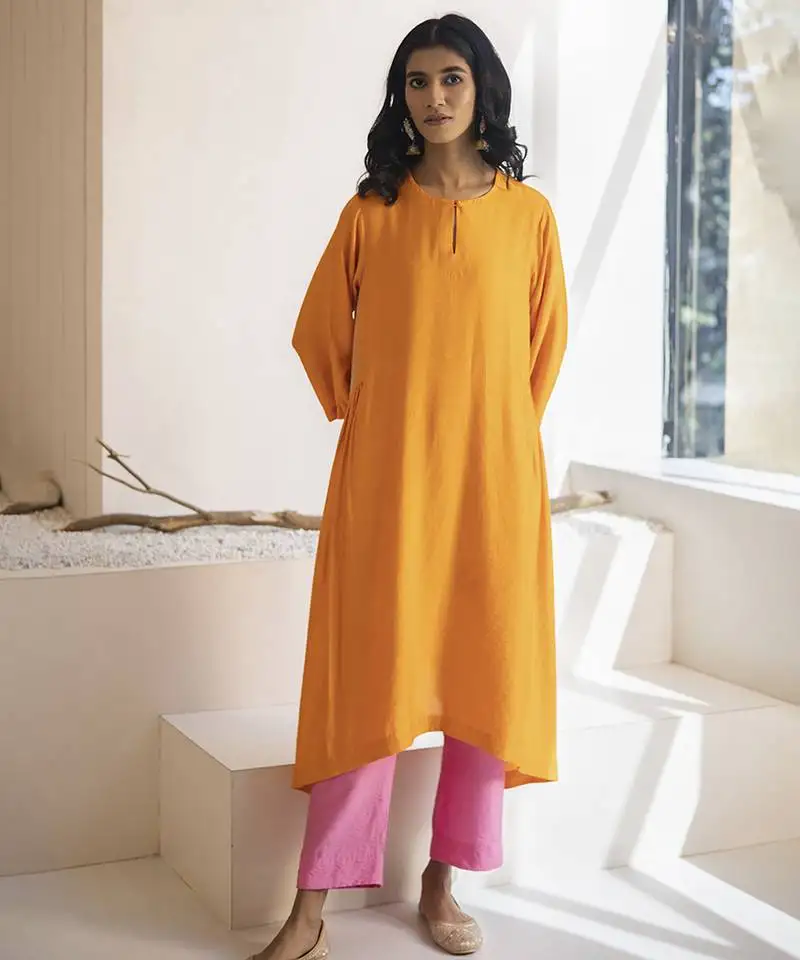 Orange plain cotton silk kurta and pant