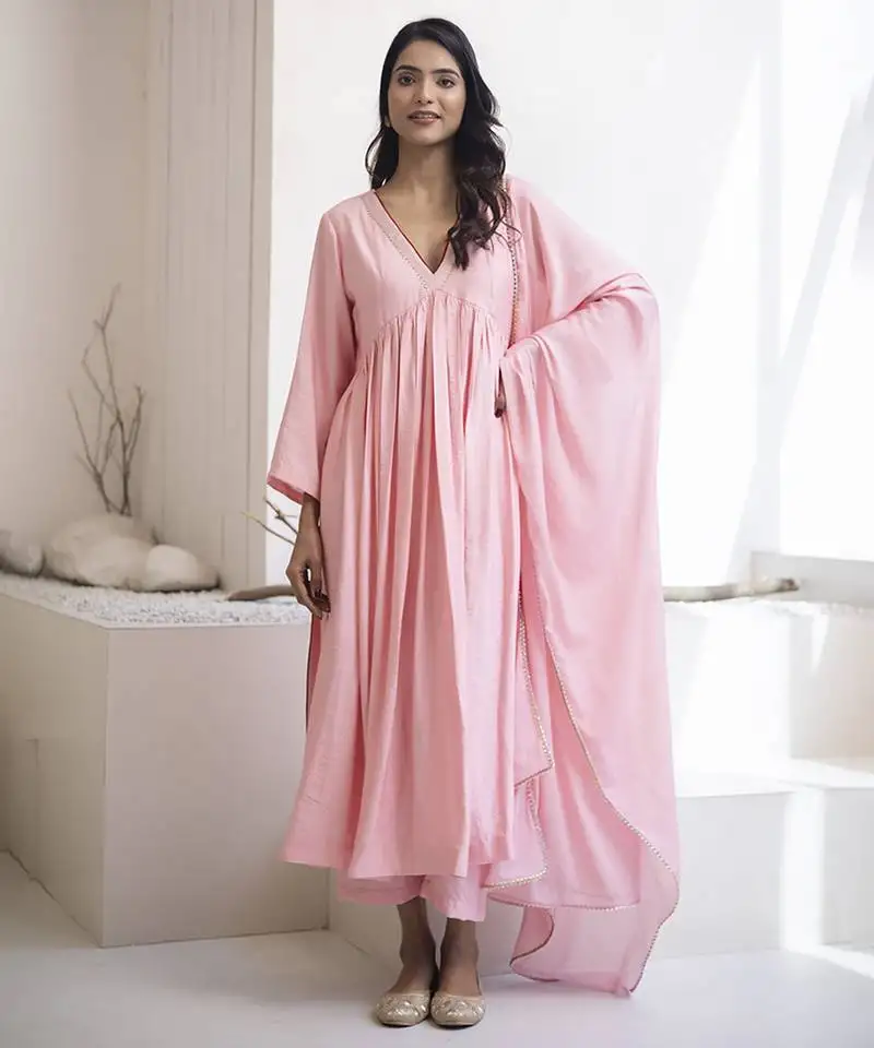 Pink plain cotton silk kurta set