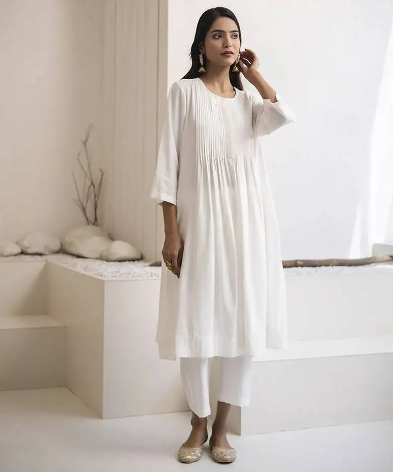 White plain cotton silk kurta and pant