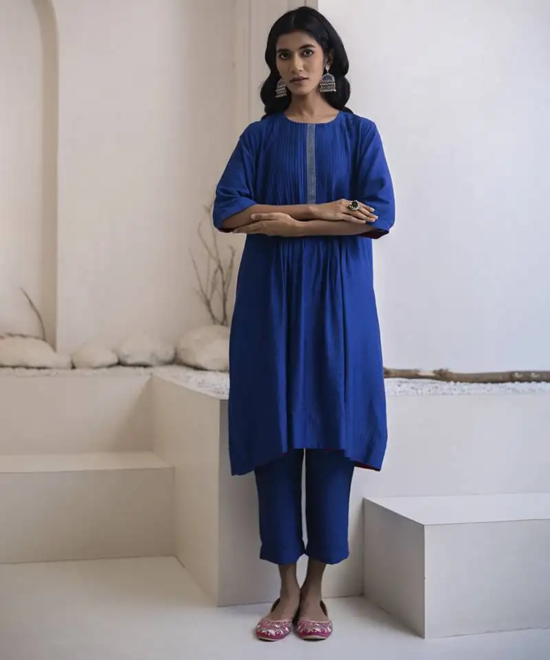 Blue plain cotton silk kurta and pant