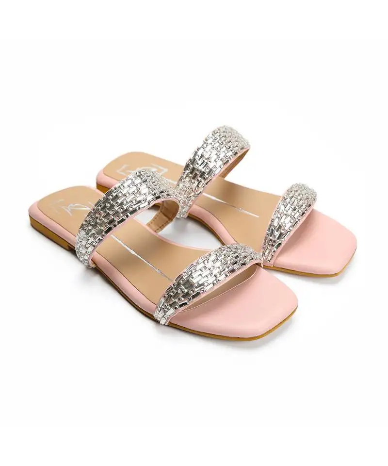 Pink with silver strap leather flats