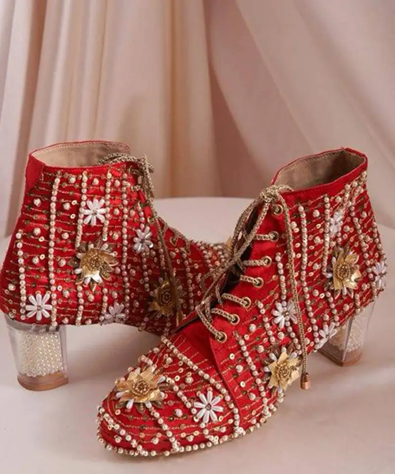 Red woven leather heels