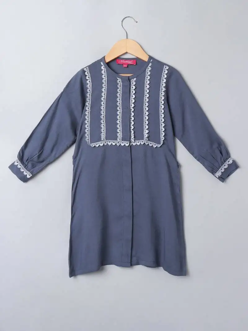 Grey two pcs suit for girls in rayon fabric with lacework