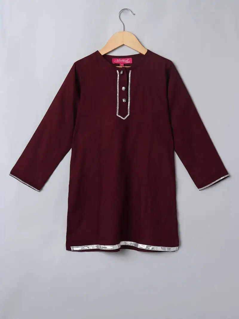 Wine 2 pcs suit for girls in rayon fabric with gota patti work