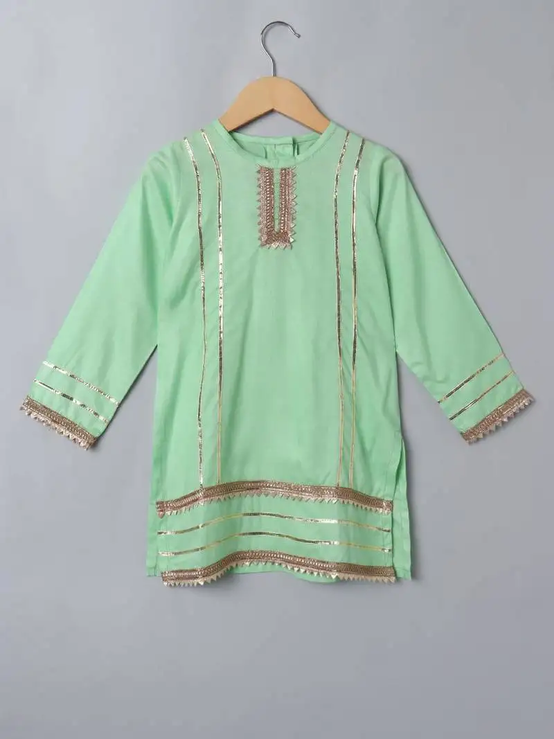 Light green 2 pcs suit for girls in rayon fabric with gota patti work