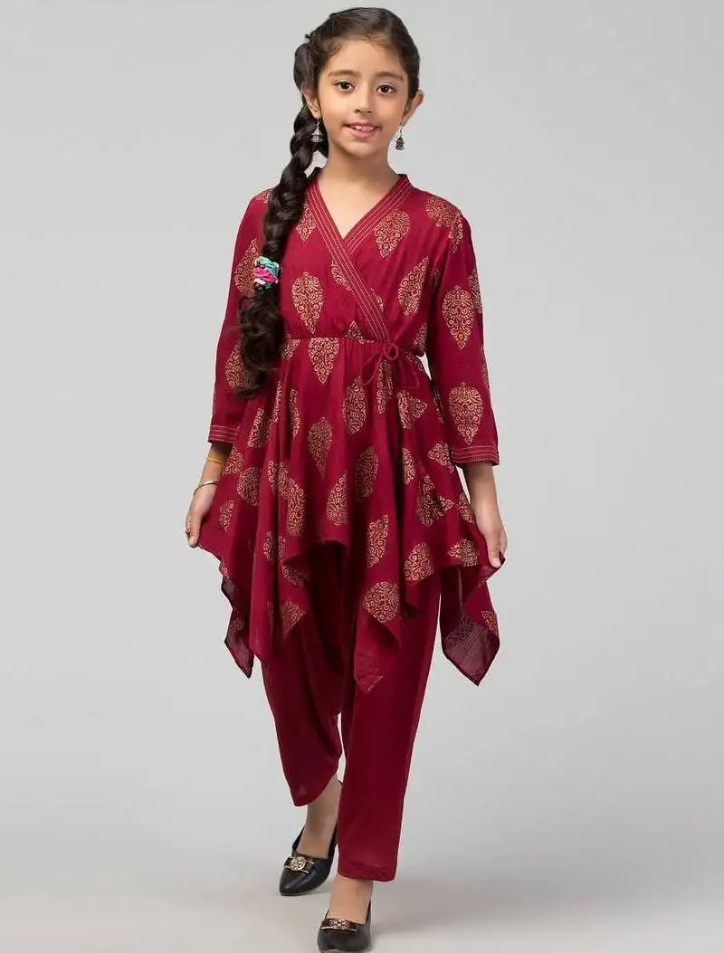 Maroon two pieces set- dhoti shalwar and long asymmetrical top