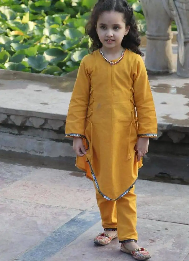 Mustard two pcs suit in pure cotton with sequin lacework