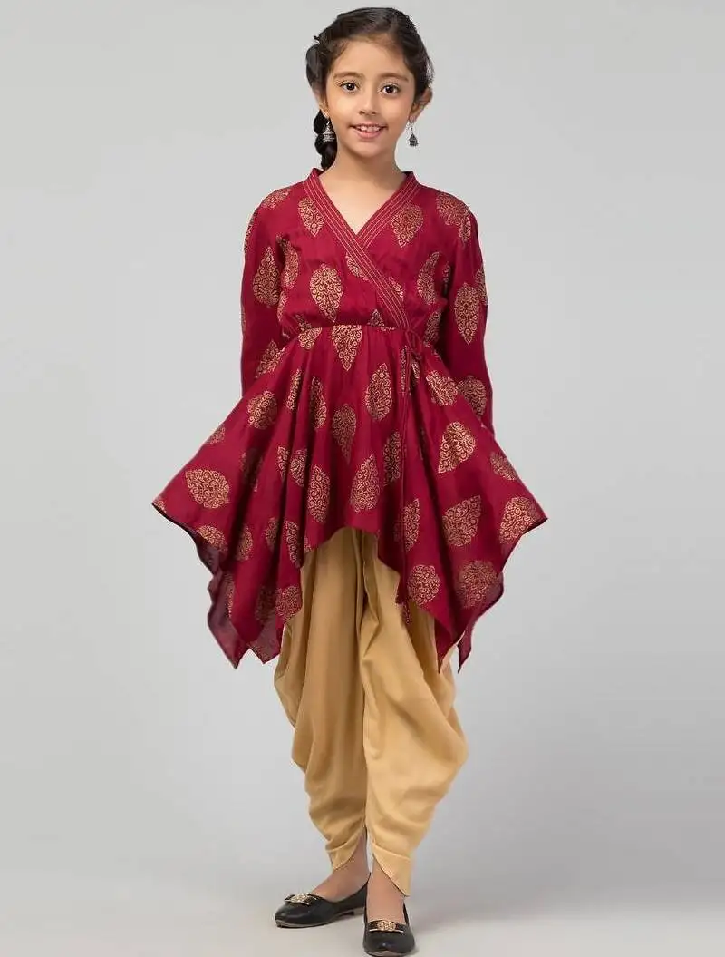 Maroon-beige two pieces set- dhoti shalwar and long asymmetrical top