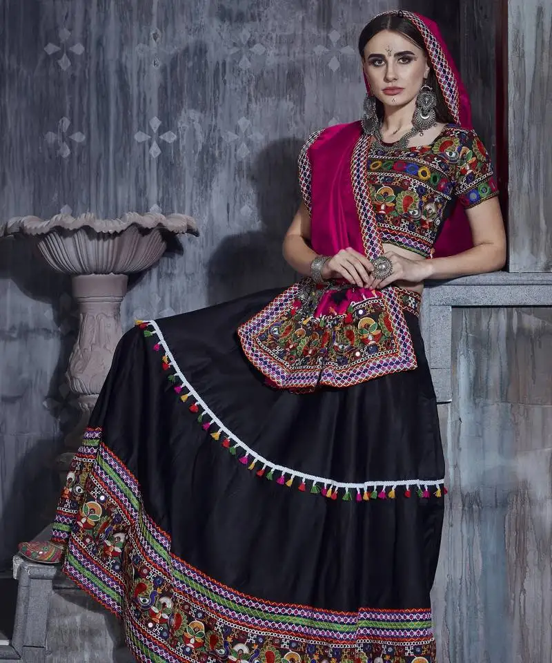 Black and pink indian designer special gamthi work lehenga choli with traditional dupatta for this navratri