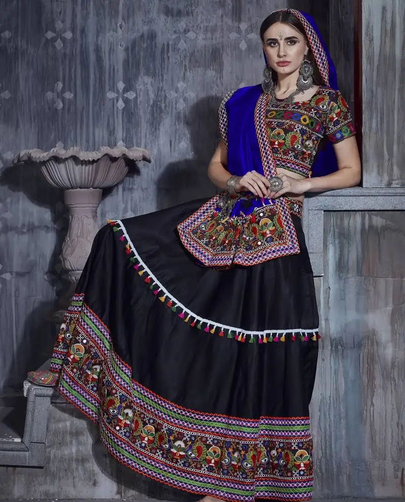 Black and blue gamthi work navratri raas garba rajwadi chaniya choli with traditional dupatta