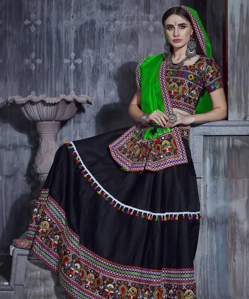Black and green gamthi work rajwadi navratri garba chaniya choli with traditional dupatta