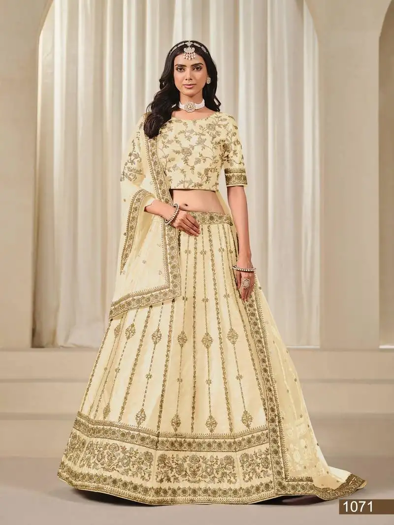 Cream embroidered art silk lehenga with blouse