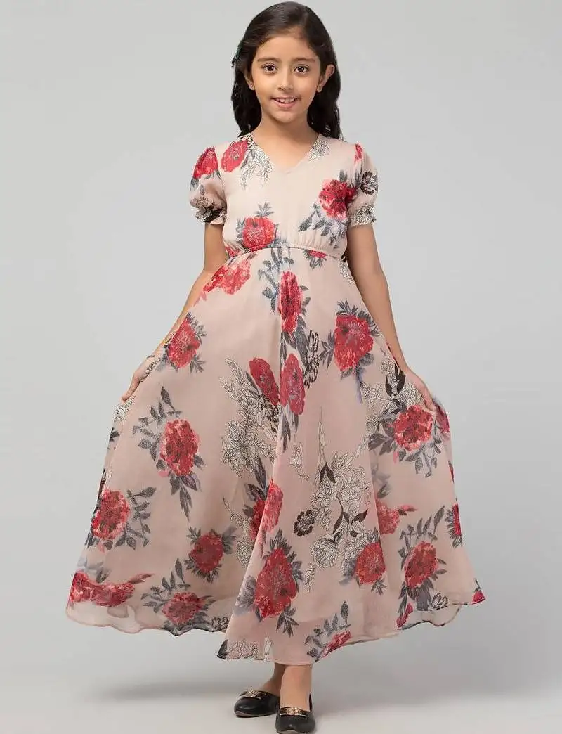 Beige long dress for girls in printed georgette fabric