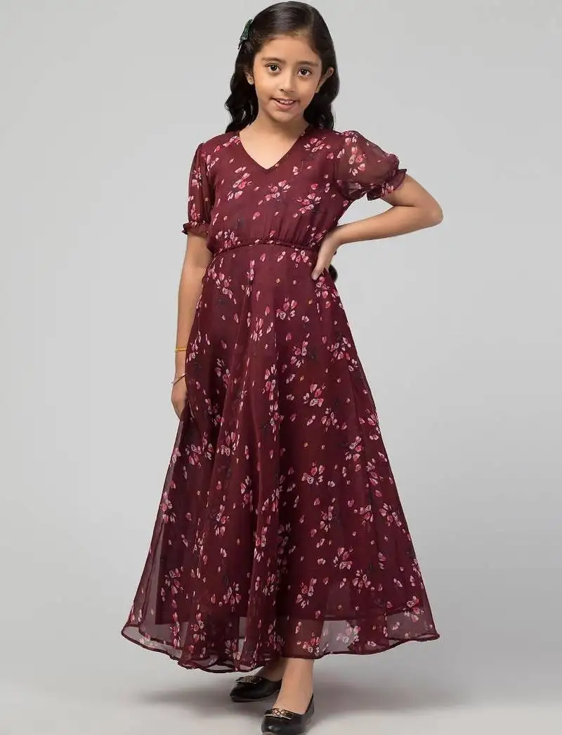 Maroon long dress for girls in printed chiffon fabric
