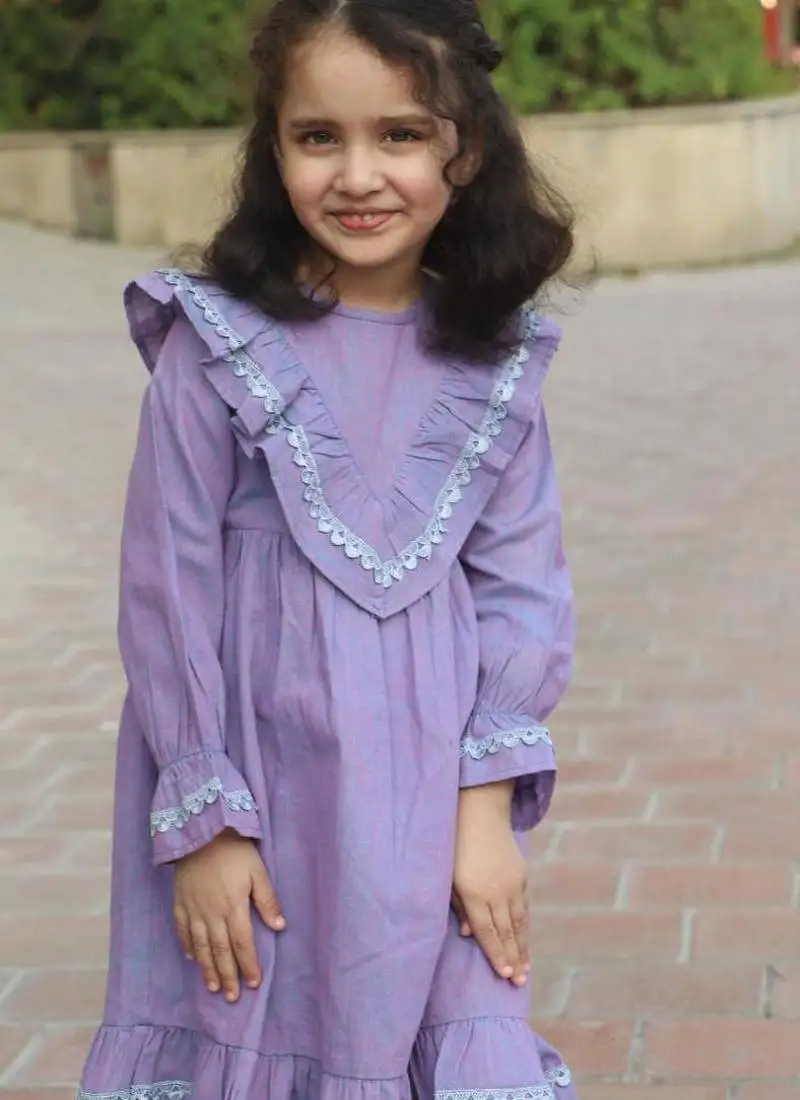 Lilac designer frock for girls in pure cotton fabric