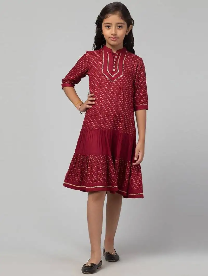 Maroon midi dress for girls in printed rayon fabric