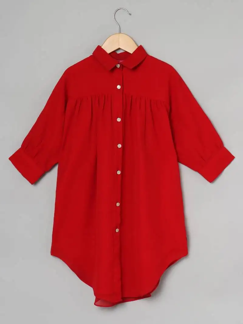 Red loose fit tunic for girls in georgette fabric with lining