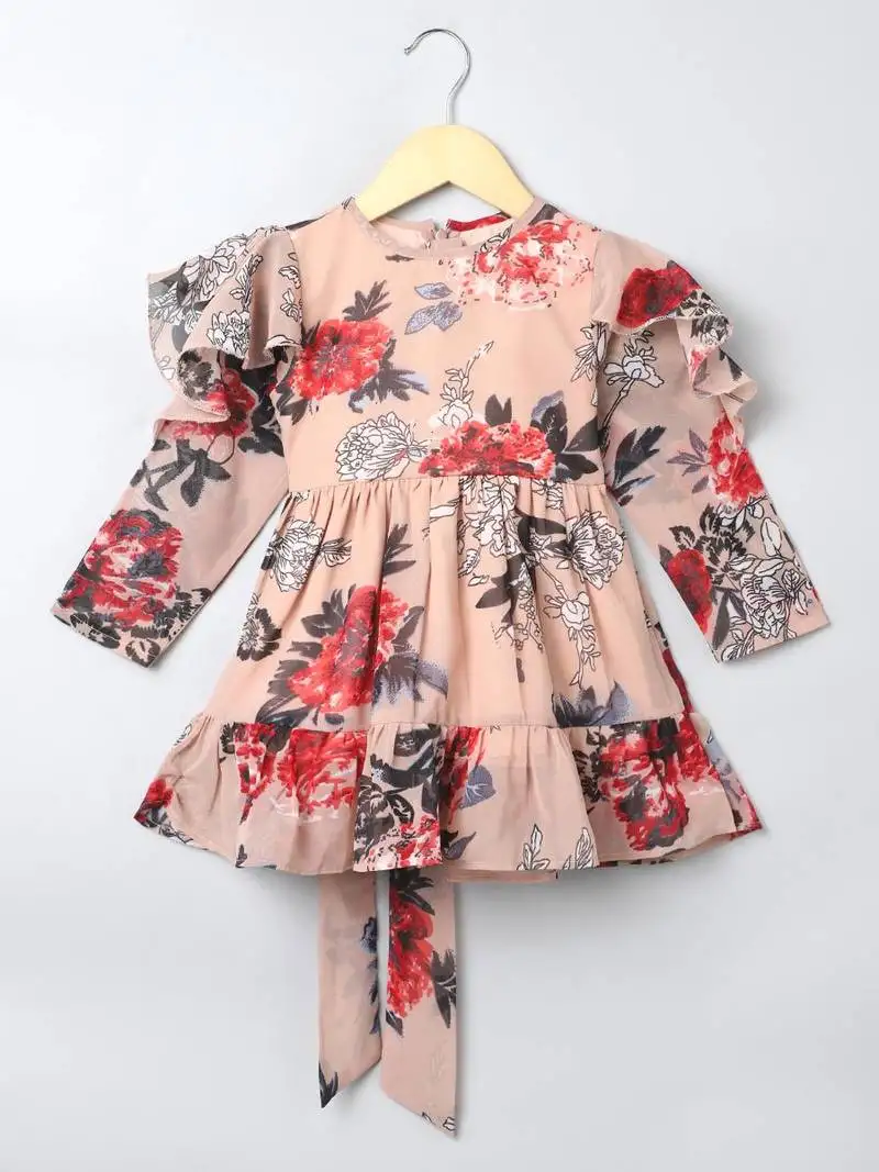 Beige printed georgette frock with lining