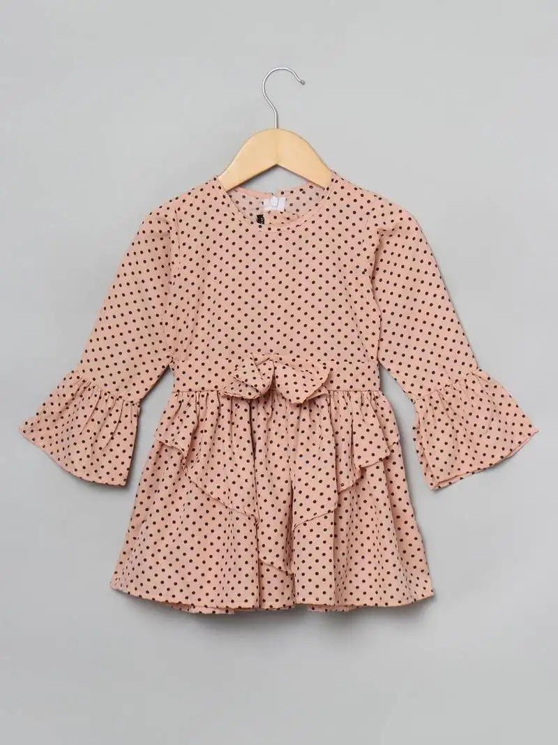 Beige white designer frock for girl's in crepe fabric