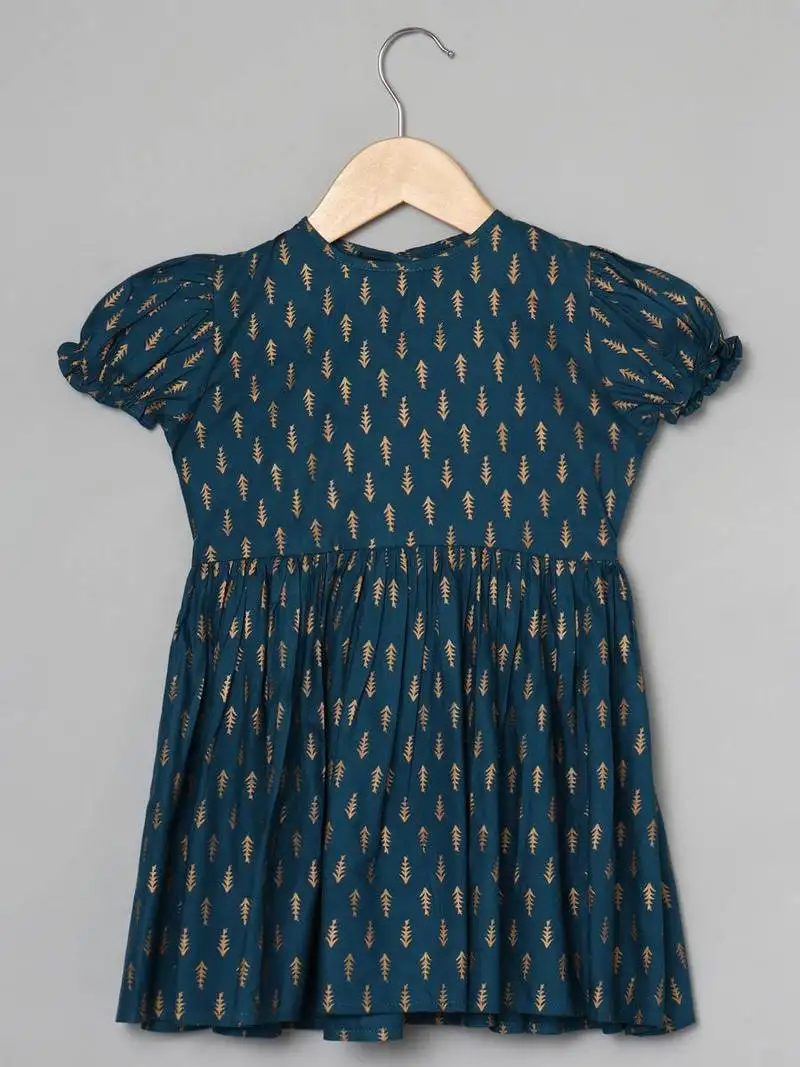 Dark teal-white printed frock in rayon fabric with elasticated sleeves