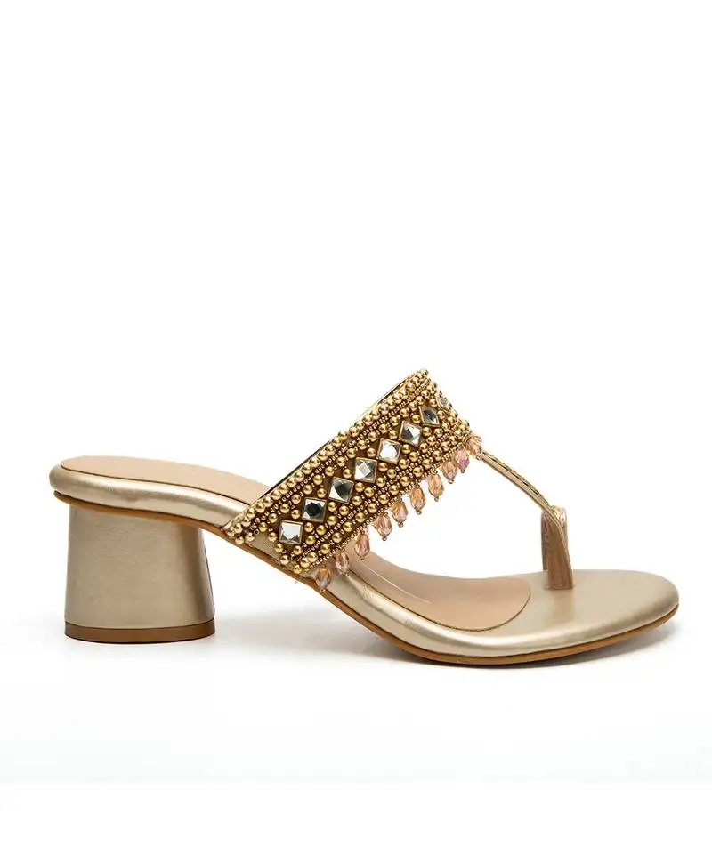 Gold leather finish embroidered block kolhapuri upper heels