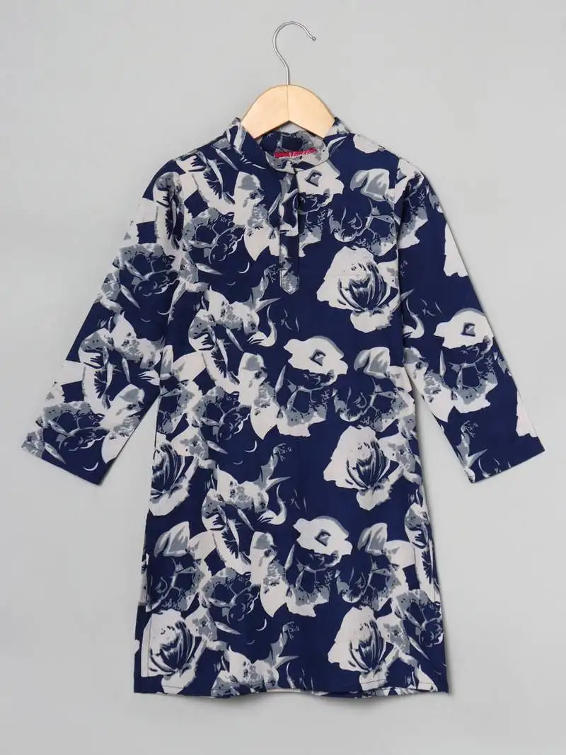 Long multicolortunic for girls with mandarin collar in crepe fabric