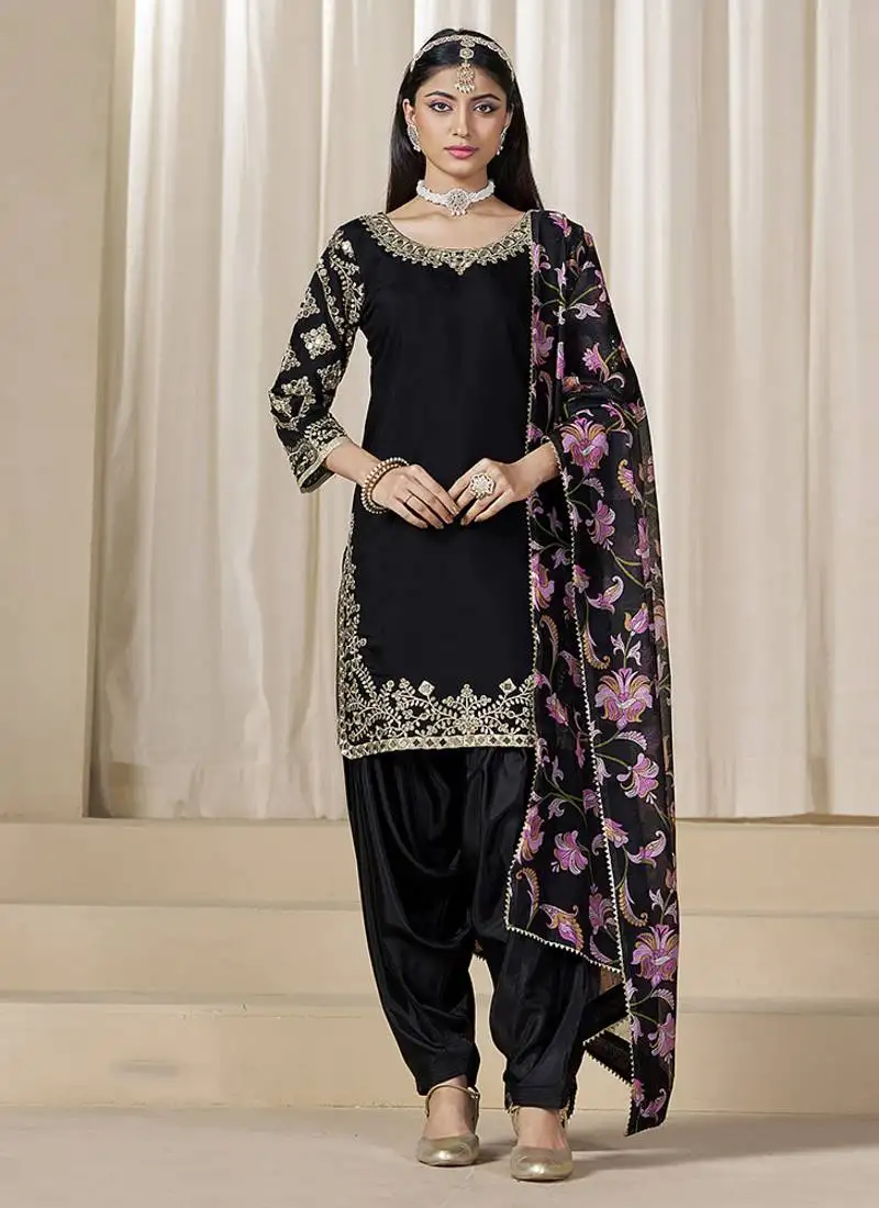 Black embroidered chanderi silk designer patiyala salwar kameez semi stitched
