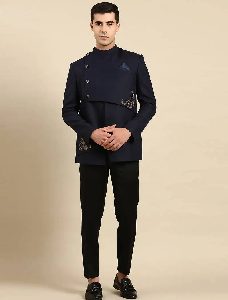 Navy blue embroidery bandhgala