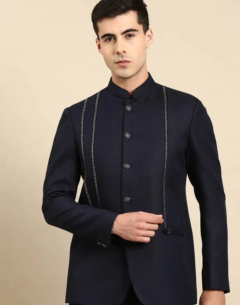 Navy embroidered bandhgala with velvet detailing