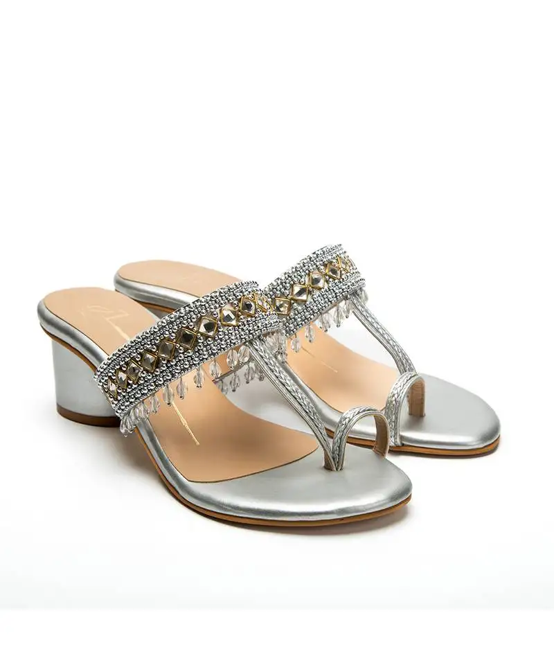 Silver leather finish block heels