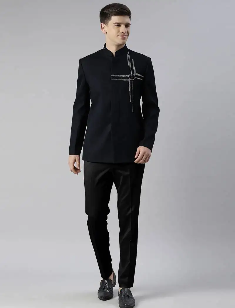 Navy blue embroidered bandhgala