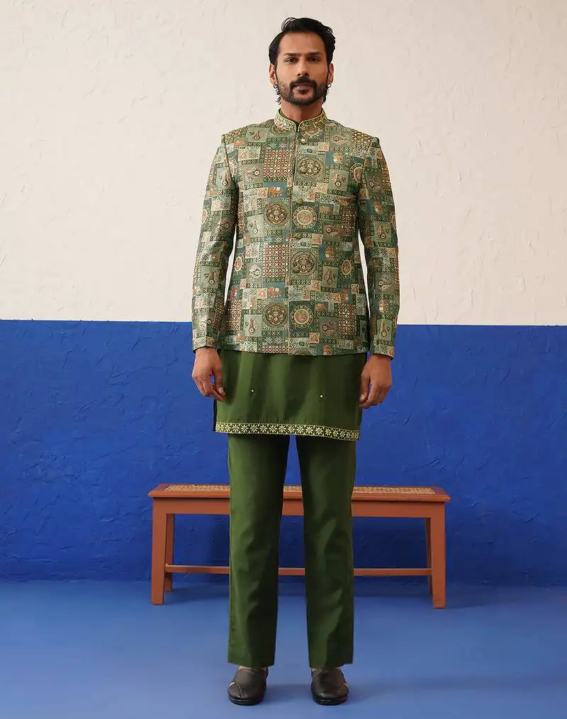 Green with multi design bandhgala set