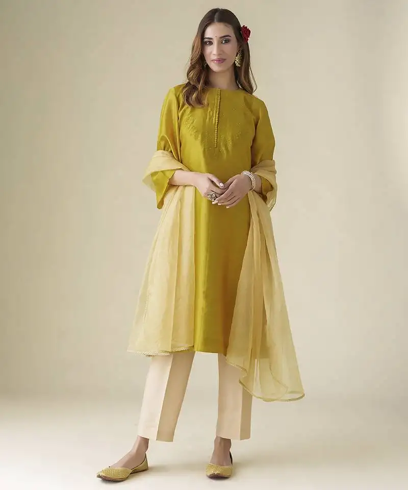 Mustard floral embroidered chanderi kurta set