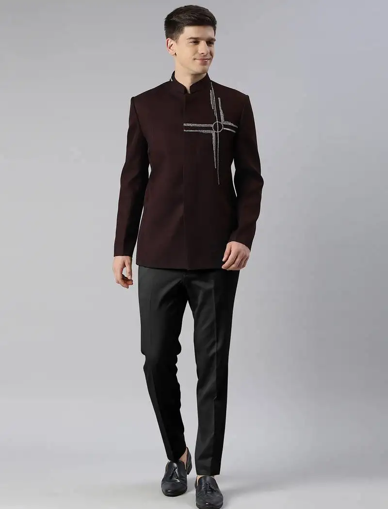 Wine embroidered bandhgala