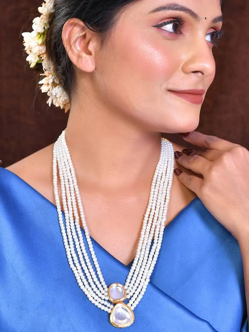 Gold-plated kundan studded beads beaded brass necklace