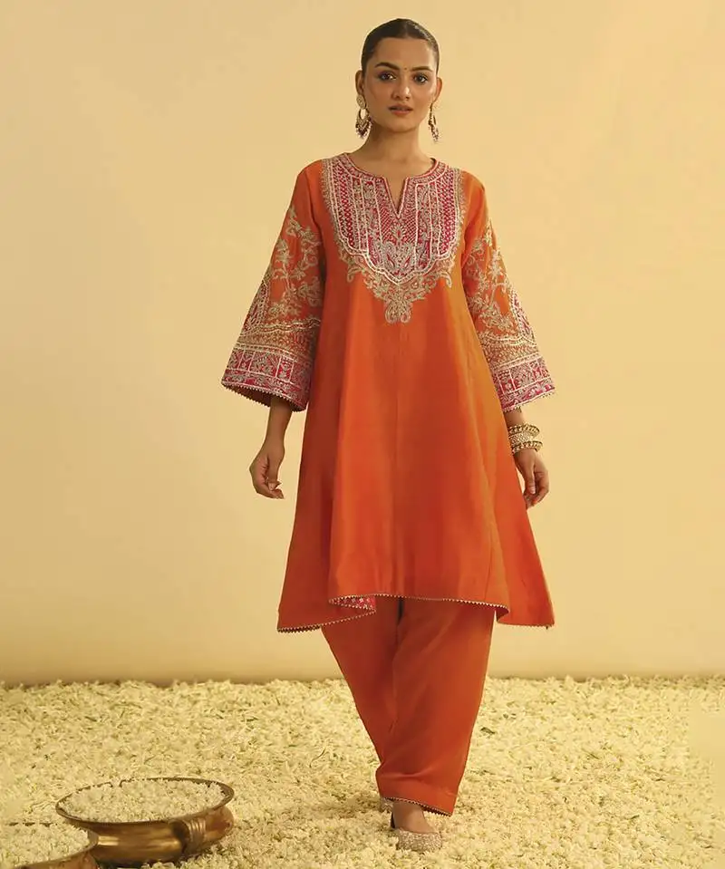 Orange embroidered chanderi silk kurta set